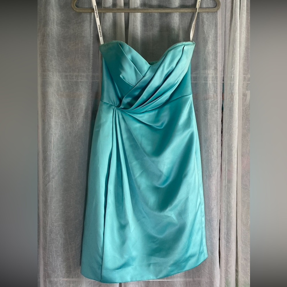 David's Bridal Dress 4 Cornflower Blue Short Strapless Satin Pleated Sheath